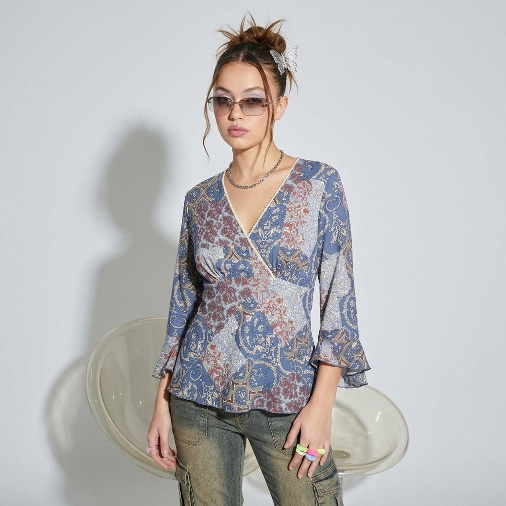 Giorgio Fiorlini Babydoll Long Sleeve‎ Top XL Boho Hippie Y2K 2000s Whimsigoth